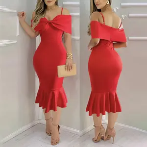 ChicMe Women's Off Shoulder Spaghetti Strap Fishtail Midi Bodycon Bowknot Design Wedding Guest Elegant Wedding Dress