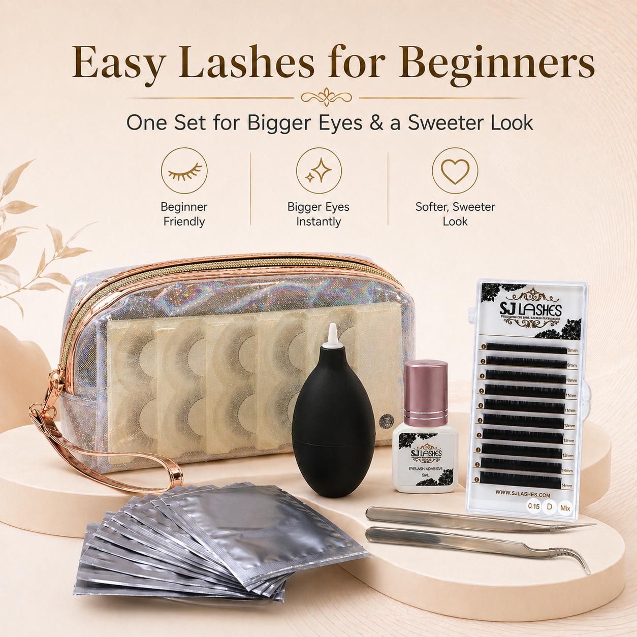 SJ LASHES Eyelash Extension Kit - Complete Faux Mink 3D Lash Practice Set for Beginners & Pros with Premium Glue Remover Tweezers & More - Flawless, Makeup SJ LASHES Eyelash Extension Kit - Complete Faux Mink 3D Lash Practice Set for Beginners & Pros with Premium Glue Remover Tweezers & More - Flawless, Makeup