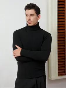Men's High Neck Pullover Sweater, Solid Color Fleece Long Sleeve T-Shirt, Casual and Formal Fit, Comfortable Daily Wear
