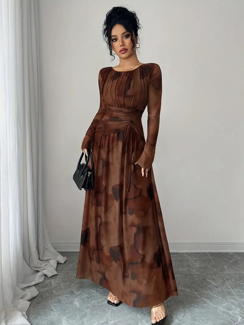long sleeve brown dress formal Mocha Brown Lace Balloon Sleeve Long Dress – Vintage Fairytale Style Brown / M main image 0