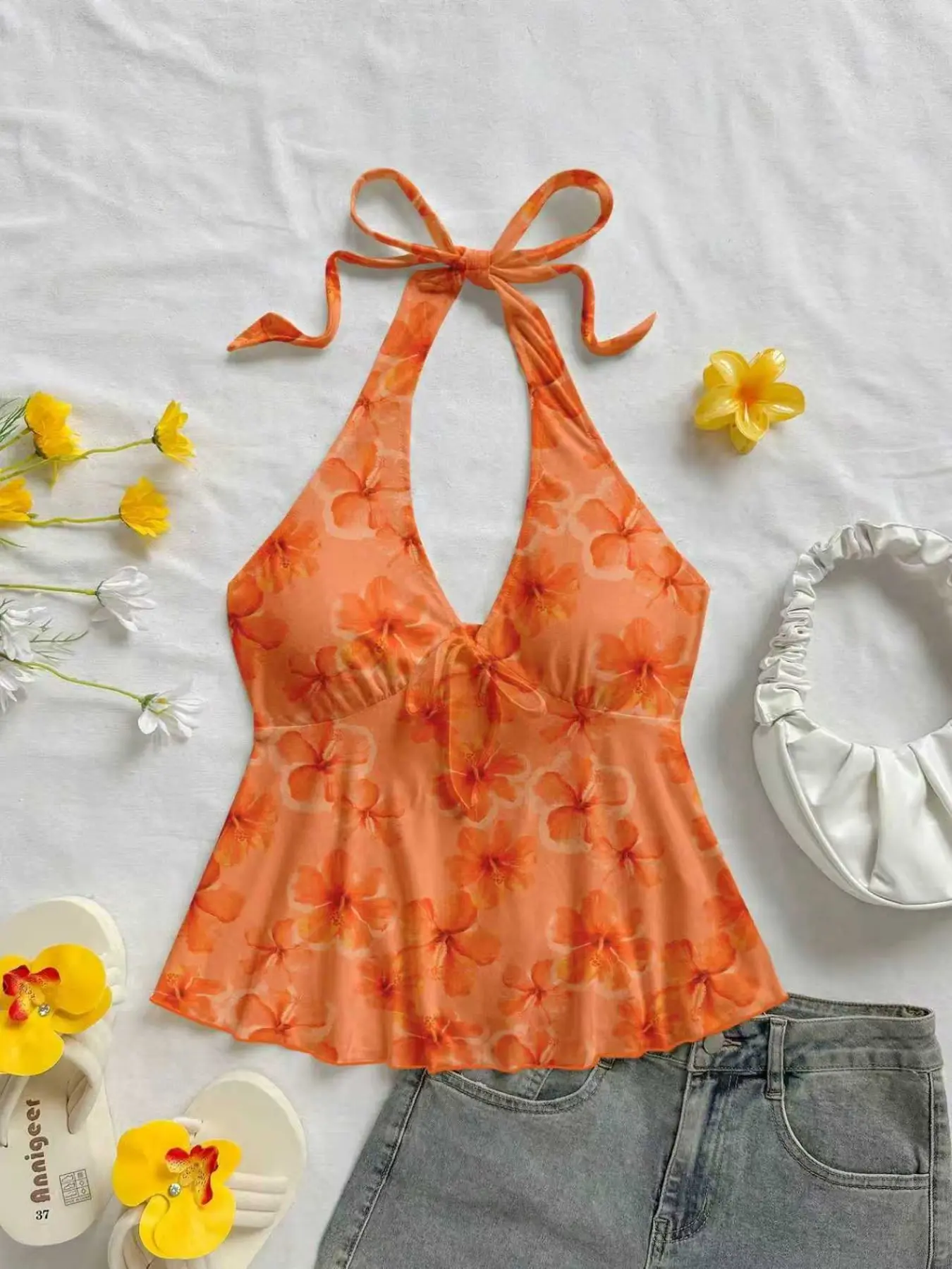 Women's Summer Floral Lily and Lotus Print Knit Halter Vest Tops Boho Style Camisole Fit Bohemian Casual, Perfect for Beach Vacation, Ideal for Outdoor Summer