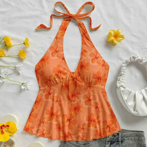 Women's Summer Floral Lily and Lotus Print Knit Halter Vest Fit Bohemian Casual, Perfect for Beach Vacation, Ideal for Outdoor Summer, Floral Pattern Halter
