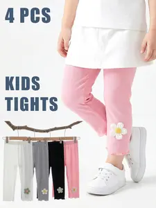 4pcs Girls' Ice Silk Leggings, Summer Cool & Comfortable Design, Decorated with Lovely Flowers, Flower Decorations Leggings, Perfect for Daily Wear