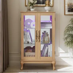 Eyisean Wooden LED Curio Cabinet with 7 Color Lights for Collectibles, China Cabinet with Adjustable Glass Shelf & Mirrored Back Panel, Glass Display for Living Room, Kitchen, Bedroom