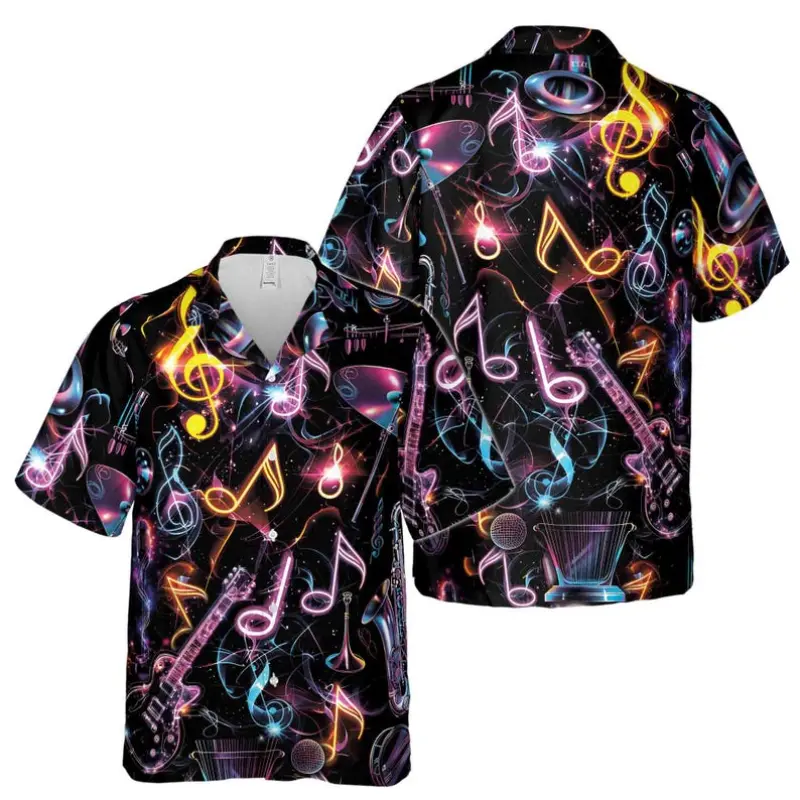 Mysterious Neon Music Note Guitar Hawaiian Shirt S-5XL