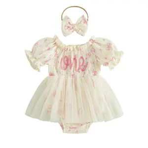 Baby Girl First Birthday Outfit One Year Old Tulle Smocked Romper Dress Bow Birthday Dress Cute Cake Smash Outfits