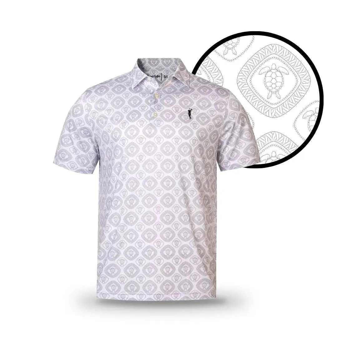 GRUNK DOLFER Men's Golf Polo with Tribal Turtle Print, Short-Sleeve Collared Shirt with a Playful Pattern for Golfers, Athletic Wear