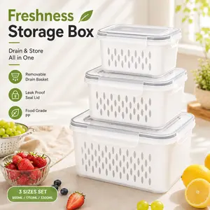 3 Pcs Fridge Food Storage Containers with Removable Colanders, Transparent Stackable Produce Storage Boxes for Fruits, Berries & Vegetables, Leak-Resistant Lids, Grey Set, Home Storage Organization Essentials