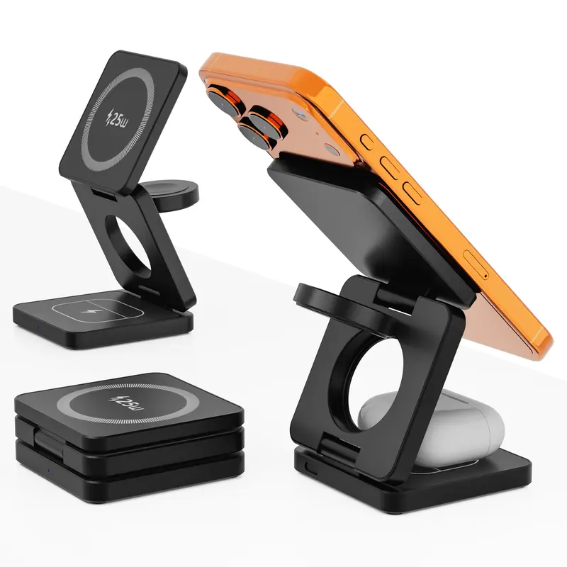 【Buy 1 Get a Gift】Qi2 25W Fold-Flat Travel 3-in-1 Magnetic Charging Stand Adapter - Cable-Free MagSafe Setup, Compact Multi-Device Charger for iPhone 17/16, Wireless Earbuds, Smart Watch, Desk Must-Haves, 25W Speed, Tidy Desk Solution