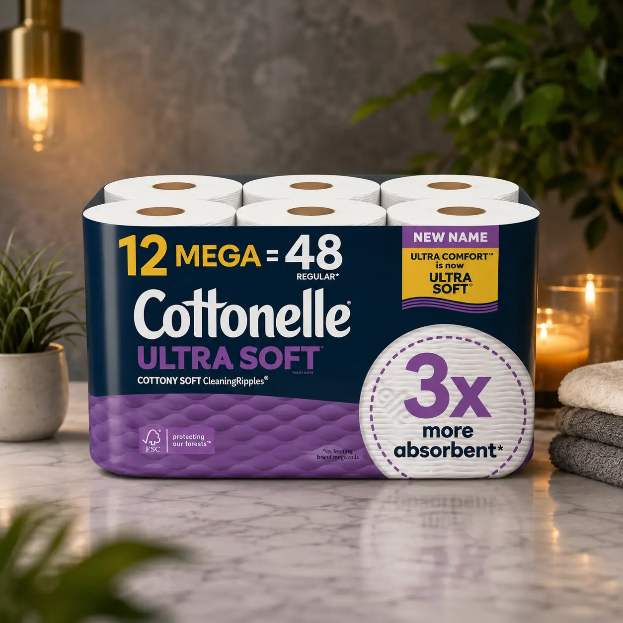 Cottonelle Ultra Soft Toilet Paper, Strong Toilet Tissue, 12 Mega Rolls