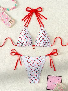 Women's All Over Cherry Print Halter Bikini Top & Tie Side Swim Bottom Set, Boho Fashion Triangle Swim Bra & Swim Panty Two-Piece Swimsuit for Beach Holiday Vacation, Ladies Summer Clothes