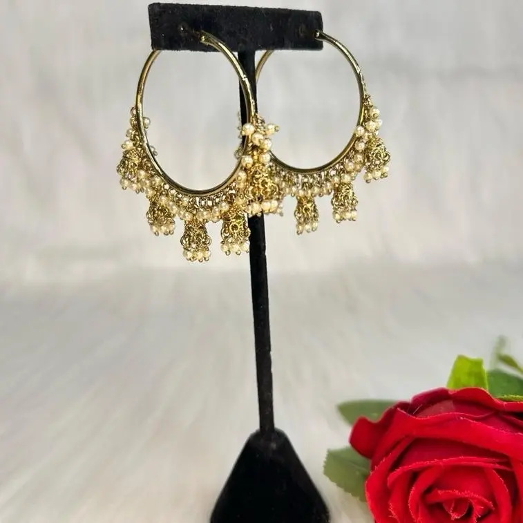 Desi Beautiful Polki Hoops With Small Jhumkis Gold Plated Earrings for Women Elegant and Stylish Jewelry
