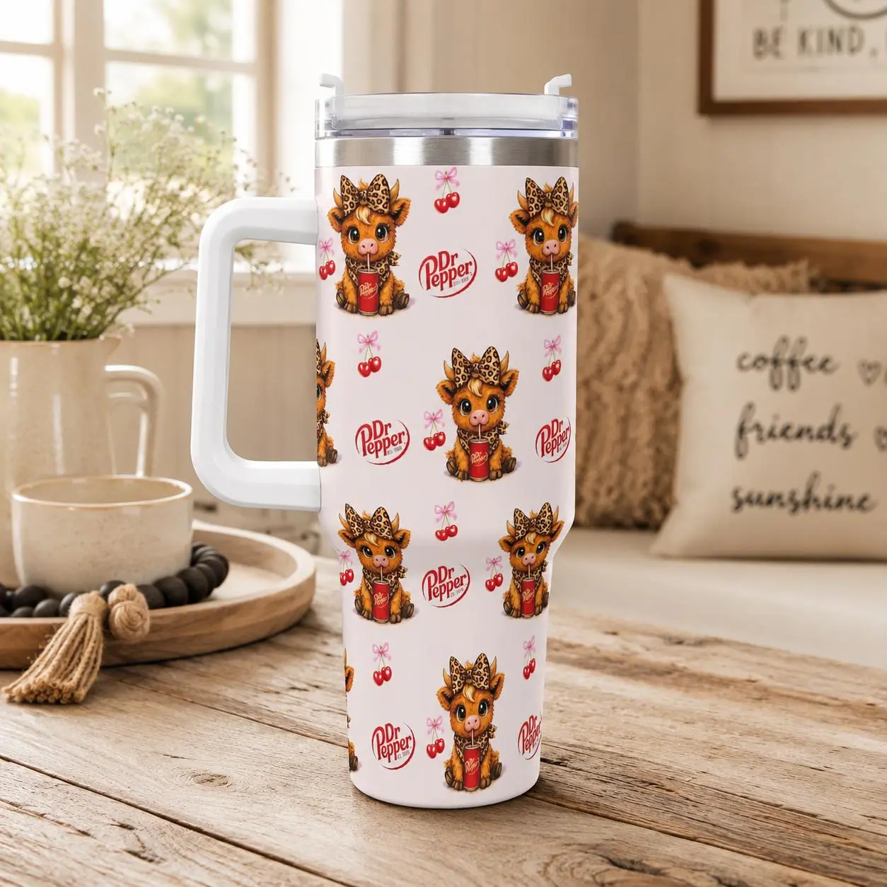 Cute Doctor Pepper Cow Tumbler, 20-40oz Stainless Steel Cup With Handle and Lid, Double-Wall Insulated Cherry Travel Mug, Gift for Your Health
