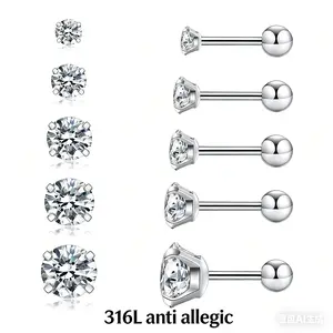 5 pairs 316L titanium lip Stud Earrings Set anti allergic - Inlaid Shiny colorful Zircon, Ear Cartilage Piercing Jewelry
