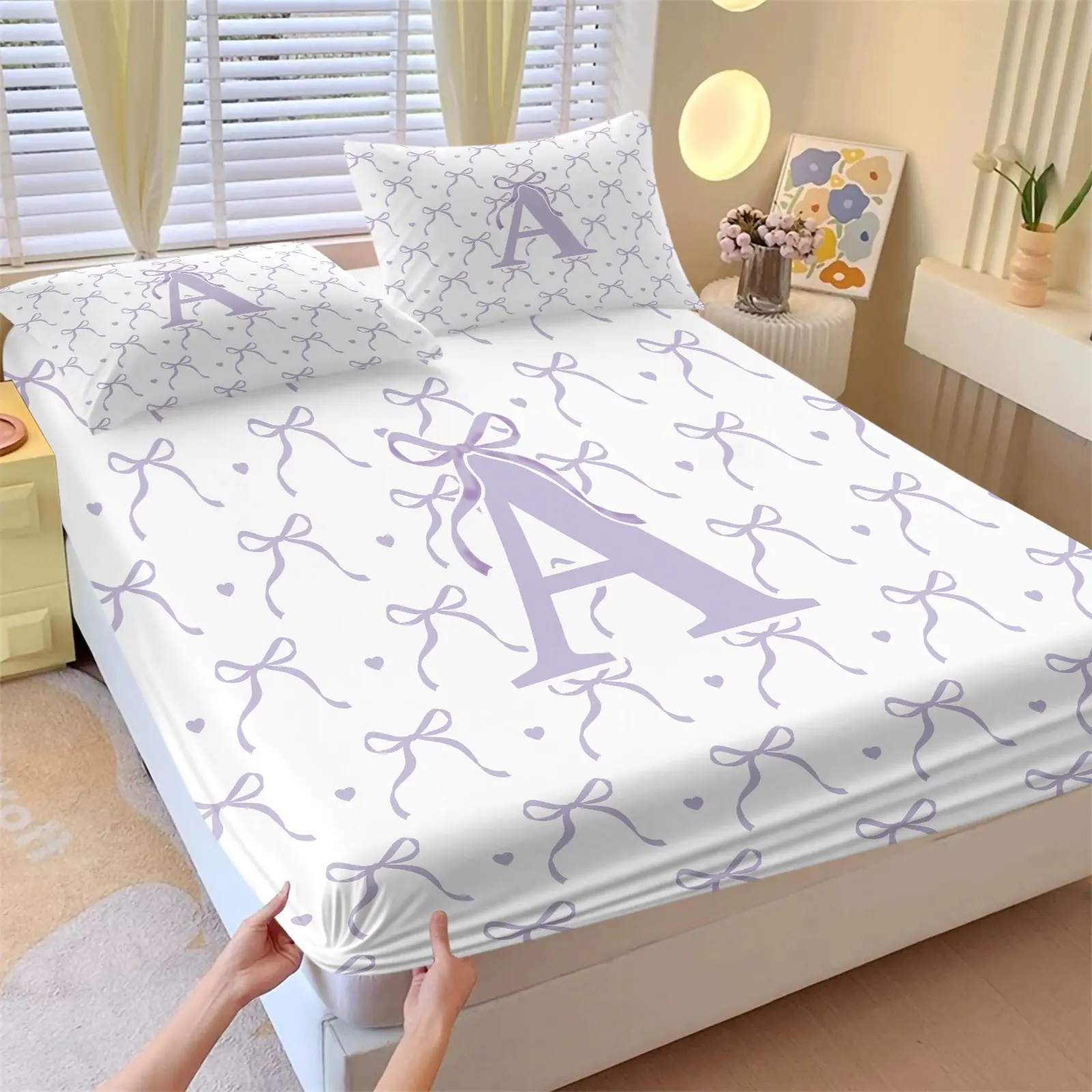 3Pcs Purple Monogram Bow Fitted Sheet Set, Fashion Creative Design Bedding Set, Comfortable Durable Sheets and Pillowcases, Create A Kawaii Bedroom Must-Have Decorative Suite, Perfect Holiday Gift, No Filler Included