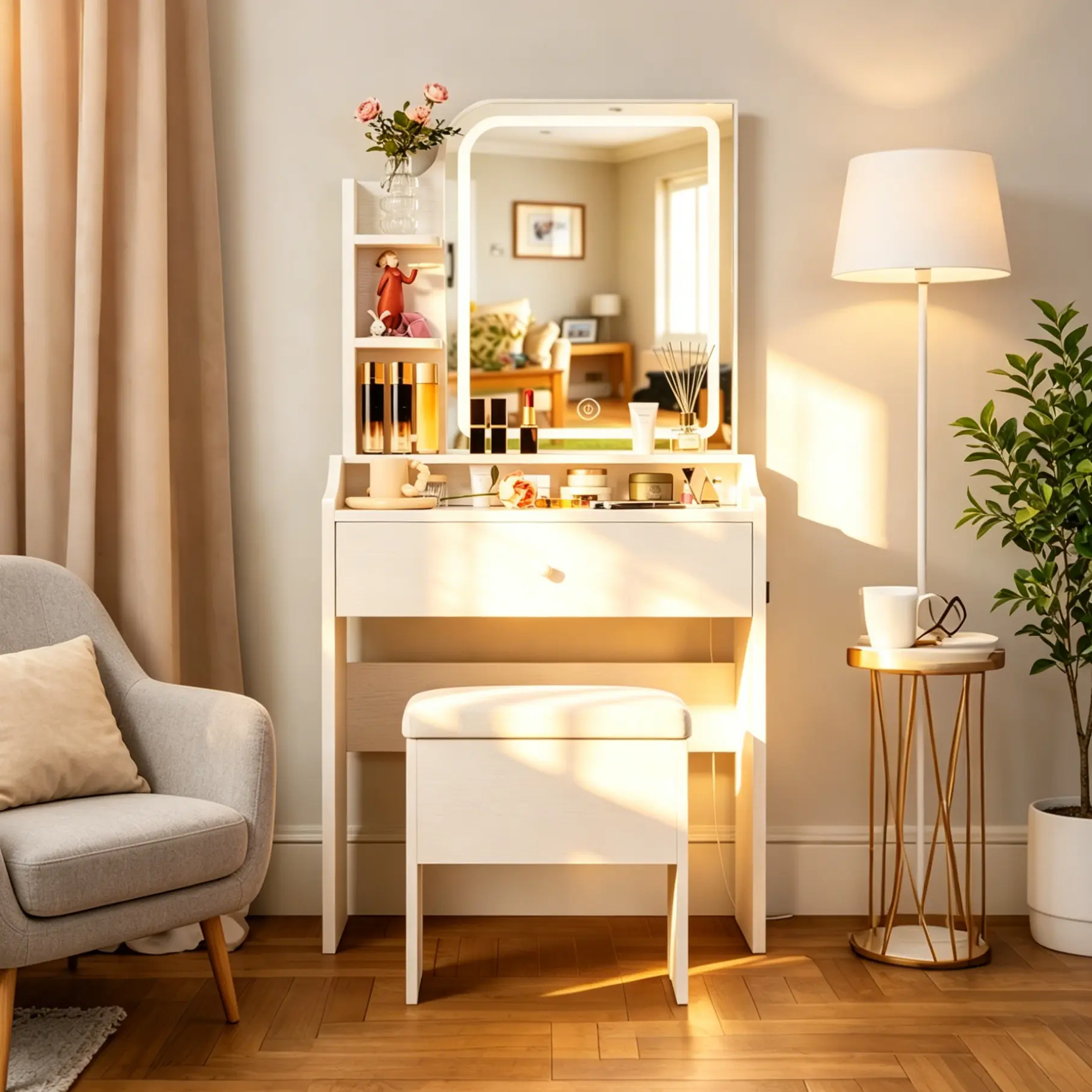 Small 24-Inch Bedroom Vanity (with LED Mirror and Stool; Includes Drawers; Suitable for Bedrooms, Dorms, and Small Spaces)
