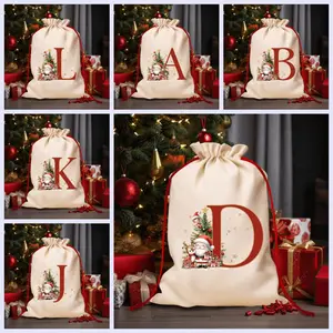 1pc Christmas gift wrapping drawstring storage bag, cartoon Santa Claus pattern with 26 letters, multi-functional festive and party supplies storage bag, suitable for gifting