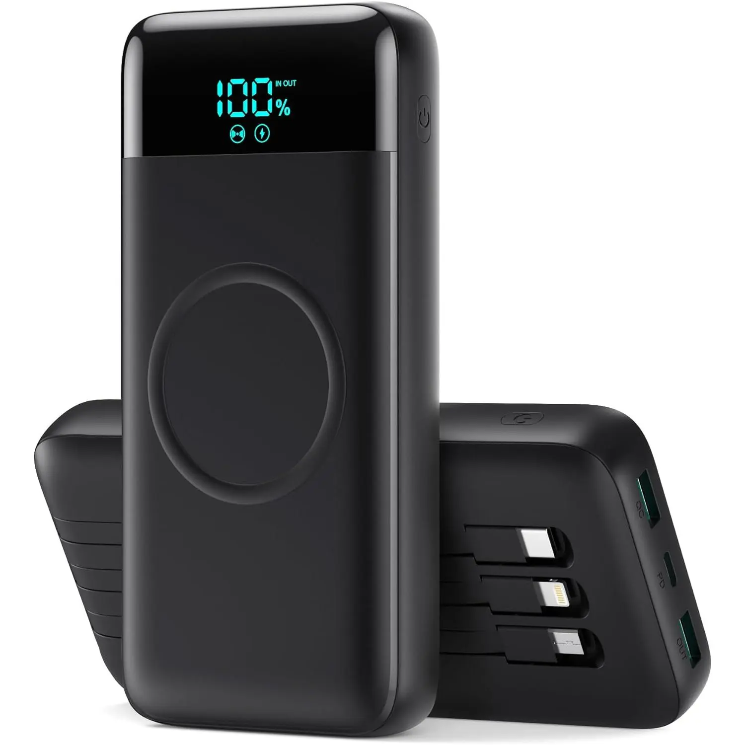 Wireless Portable Charger 40800mAh with 3 Built-in Cables,7-in-1 15W Wireless Charging Power Bank,25W PD QC 4.0 Fast Charging USB C LCD Display Battery Pack for iPhone 16/15/13/12,Samsung,Android etc