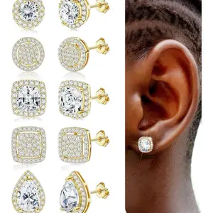5 pairs!!! Of Cubic Zirconia Stud Earrings. Gold Plated Hypoallergenic Earrings with Multiple Shapes