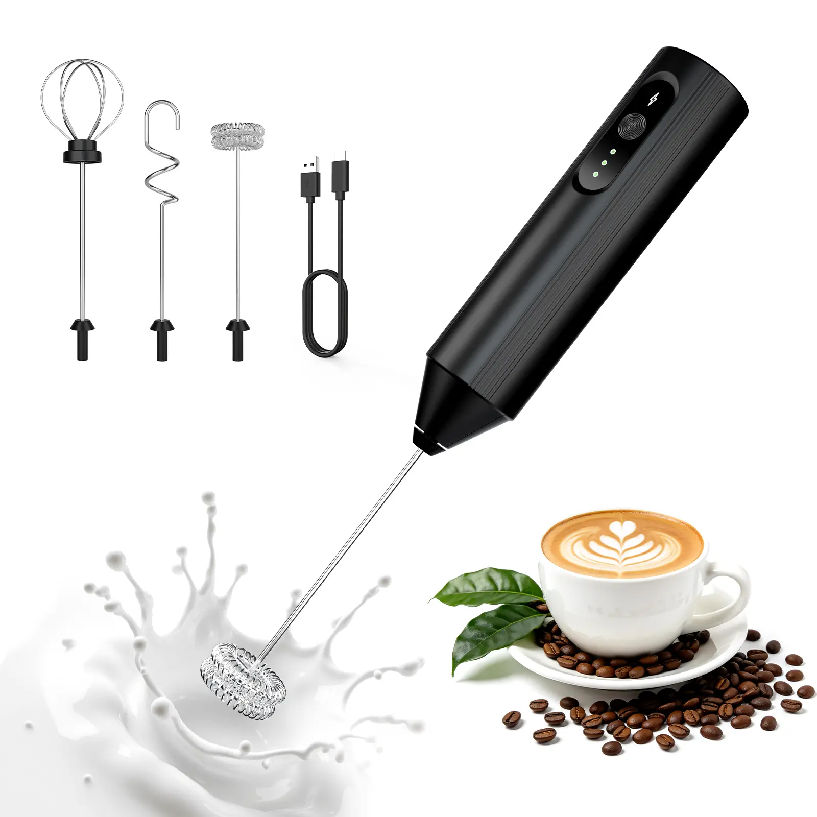 INKBIRD Cordless Portable Handheld Electric Milk Frother – 3 Adjustable Speeds, Type-C Rechargeable Home Coffee Tool, 300mAh Battery, 2 Interchangeable Whisks, Cappuccino Latte Maker for Frothing Coffee, Matcha