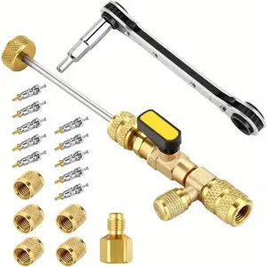 Air Conditioning Valve Core Stem, Replacement Removal Tool, Air Conditioning Service Wrench, HVAC Service Wrench Set with Hex Bit Adapter, Dual Size SAE 1/4 and 5/16 Ports, 10 Valve Cores with Teflon Seals, 5 Brass nuts for HVAC equipment repair