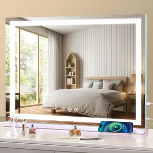 Large Lighted Mirror, 23" x 19" Light Up Make up Mirror with 3 Colors Dimmable, Tabletop or Wall-Mounted, Memory Function