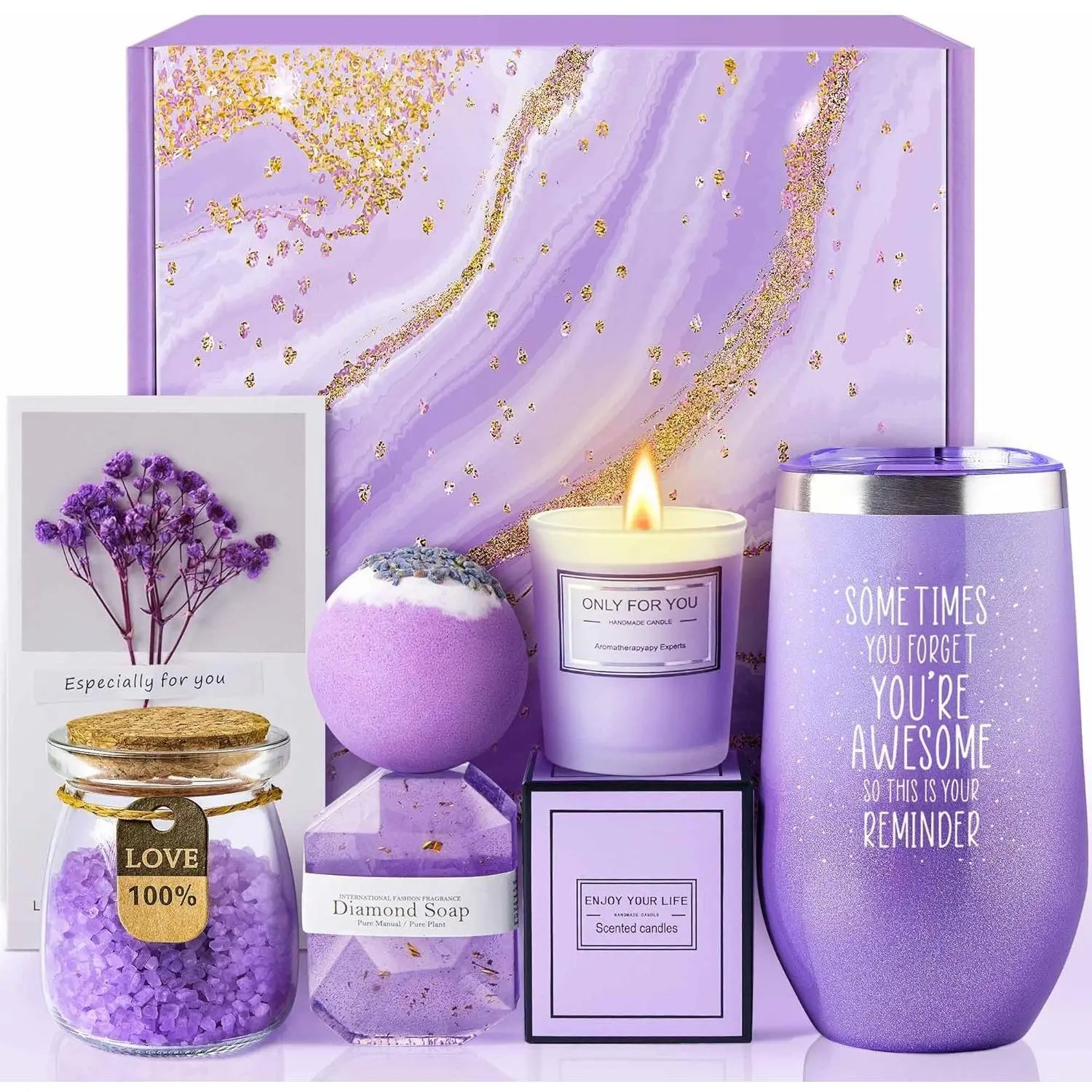 Lavender Spa Gift Basket, Body Care Essentials Set, 1 Set Lavender Scented Candle & Bath Bomb & Bath Salt & Cup  & Gift Box, Birthday Gift for Women, Mom, Wife, Girlfriend, Sister, Halloween