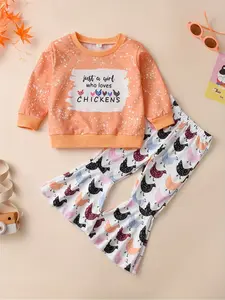 Girls' Two-Piece Set, Chicken Print Sweatshirt & Bell-Bottom Pants, Casual for Kids, Comfortable and Stylish