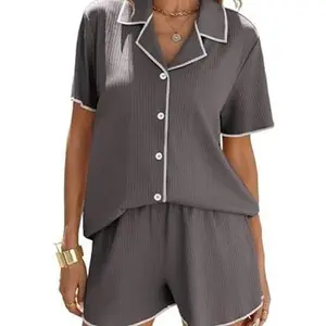 Ekouaer Women's 2-Piece Ribbed Breathable Comfy Polyester Button-Down Nightwear Set - Short-Sleeve Shorts Knit Loungewear with Stylish Design for Outdoor Relaxation, Party