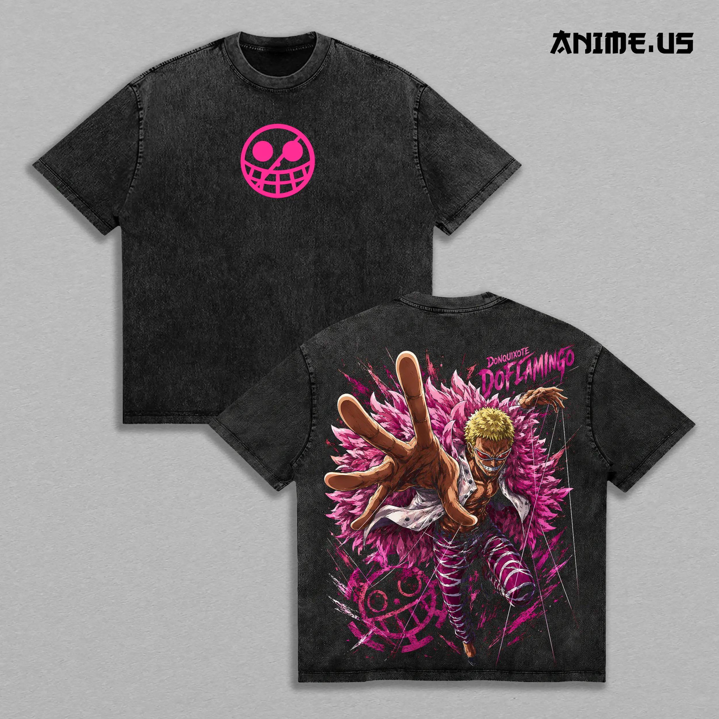 Donquixote Doflamingo One Piece Heavenly Demon Vintage Washed Heavyweight Cotton T-Shirt Double Sided Graphic Oversized Anime Streetwear Tee Warlord of the Sea Pink Feather Coat Pirate Gift