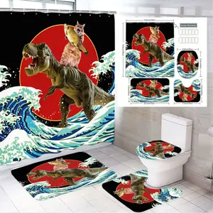 1/4pcs Whimsical Dinosaur & Cat Shower Curtain Set - Green T-Rex on Waves with Red Sun, Matching Bath Mat & Toilet Seat Cover - Perfect for Easter, Summer, Coastal Themed Bathroom Decor, Bathroom Decoration Accessories