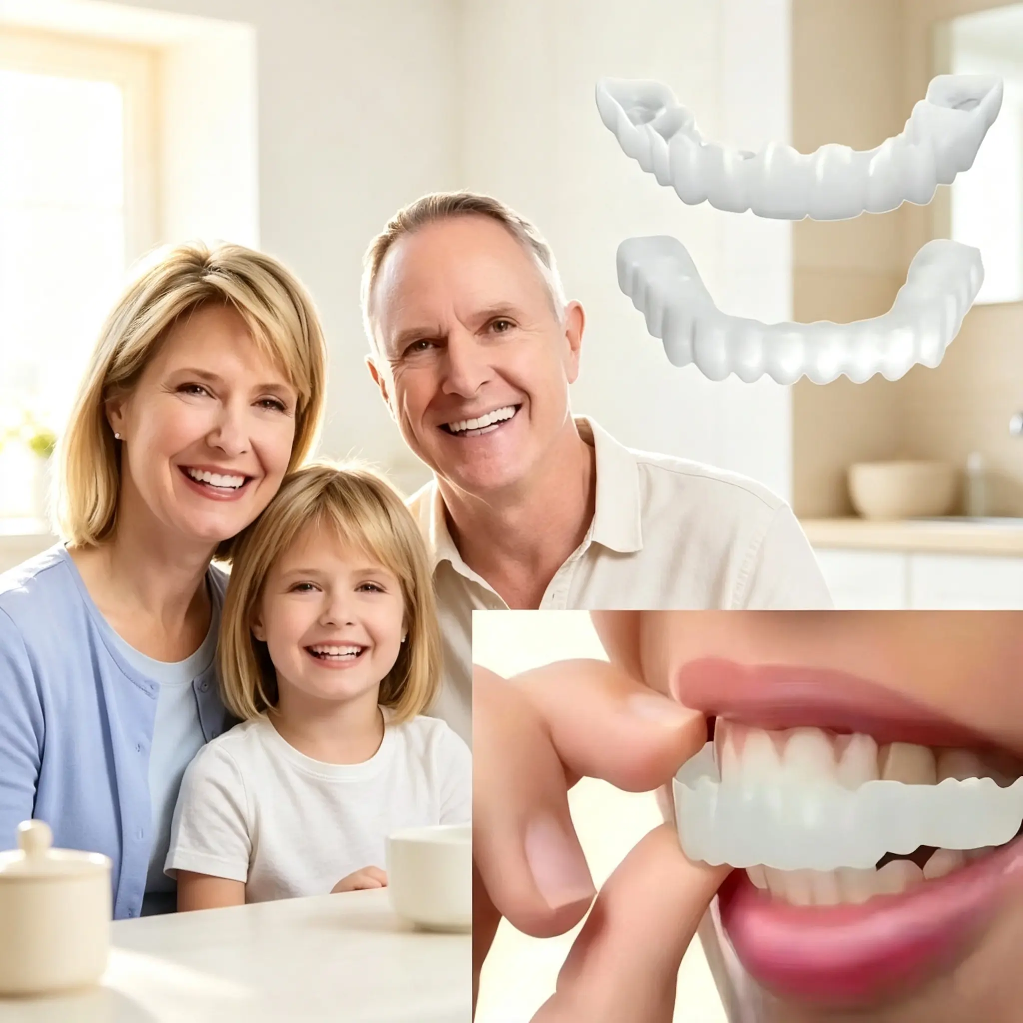 Daily Silicone Snap-On Smile False Teeth Set, 2-Pair Polypropylene Instant Veneers, Cosmetic Whitening Covers, Clip-In Top & Bottom Dentures for Stain Coverage