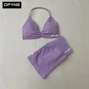 DFYNE Seamless Halter Triangle Sports Bra & High Waisted Gym Shorts Set| Padded Ruched Plunge Top with Tummy Control Mini Biker Shorts 2-Piece Outfit