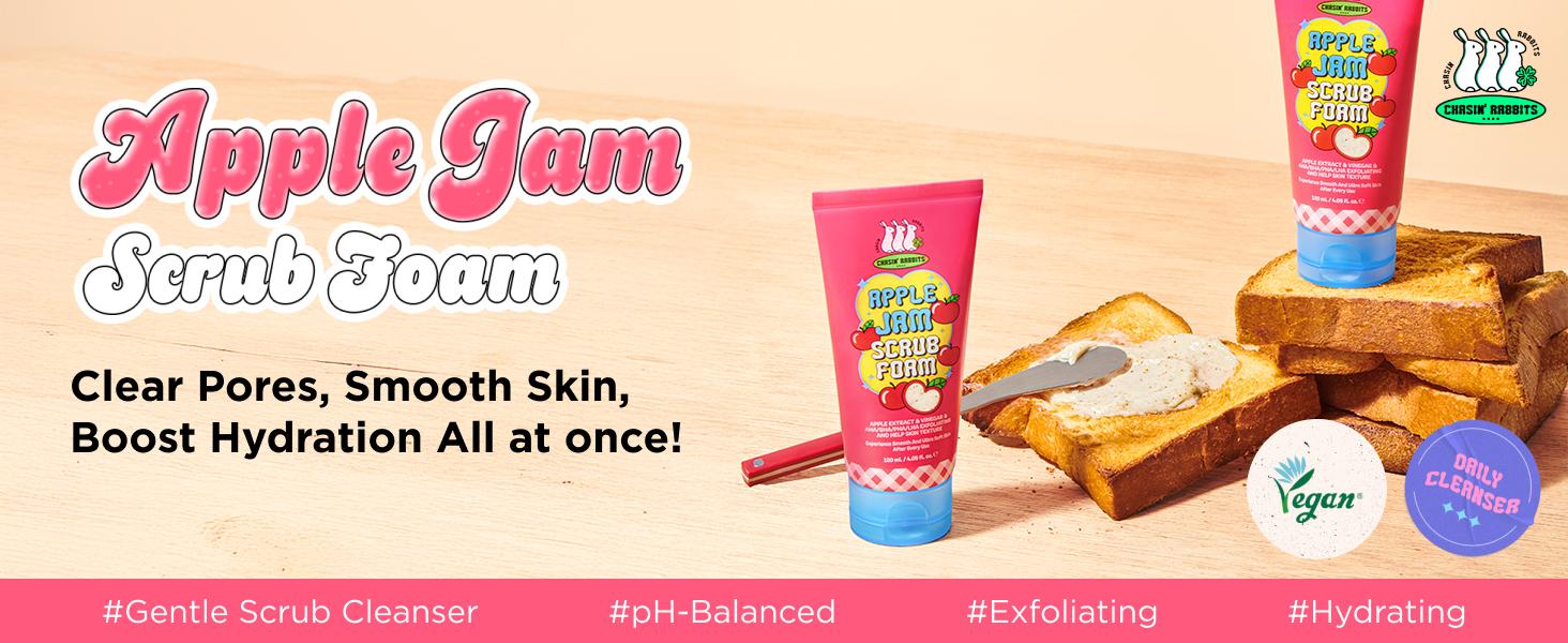 CHASIN' RABBITS Apple Jam Scrub Foam 4.05 Fl Oz, Exfoliating & Hydrating Cleanser with Triple Scrub Particles, pH-Balanced, Apple-Infused Face Wash for Smooth & Radiant Skin, Korean Skincare