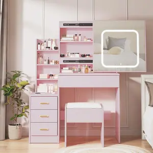Vanity Desk with Sliding Mirror and Lights, Makeup Vanity Set with Power Outlet, 4 Drawers, Stool, Open Shelves, 3 Color Lighting Modes, Brightness Adjustable, Makeup Dressing Table for Bedroom, Pink