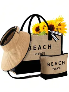 Women's beach handbag set, including "BEACH" canvas bag, women's khaki wave beach sun hat, handbag, cosmetic bag, large brim sun hat, bow outdoor travel hat, suitable for spring and summer beach use, adjustable