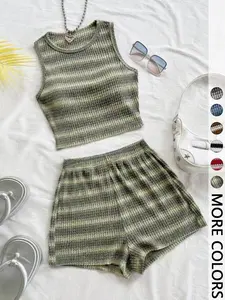 2-Piece Set, Color-Blocked Striped Crop Top + High-Waisted Shorts, Daily Versatile Casual Style