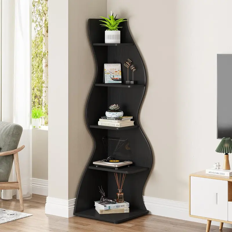 【BTS ONLY】Tribesigns 5-Tier Corner Shelf, Modern Corner Bookshelf Small Bookcase with Unique Shape for Living Room, Home Office