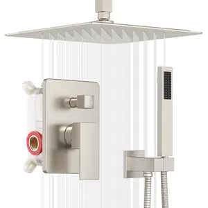 Ceiling Shower System,  Metal Shower Faucet set with   Valve,10 Inches Rain Shower  with Handheld  Combo, Brushed Nickel