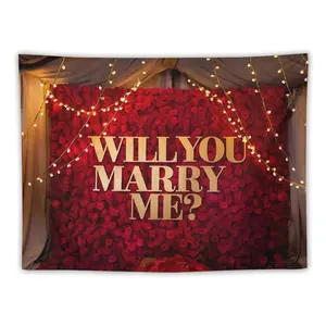 Luxurious Proposal Tapestry Deep Red Rose Petal Wall with Champagne Drapes Golden 3D WILL YOU MARRY ME? Font LED Warm Yellow Light Strings for Romantic Weddings or Bedroom Surprises