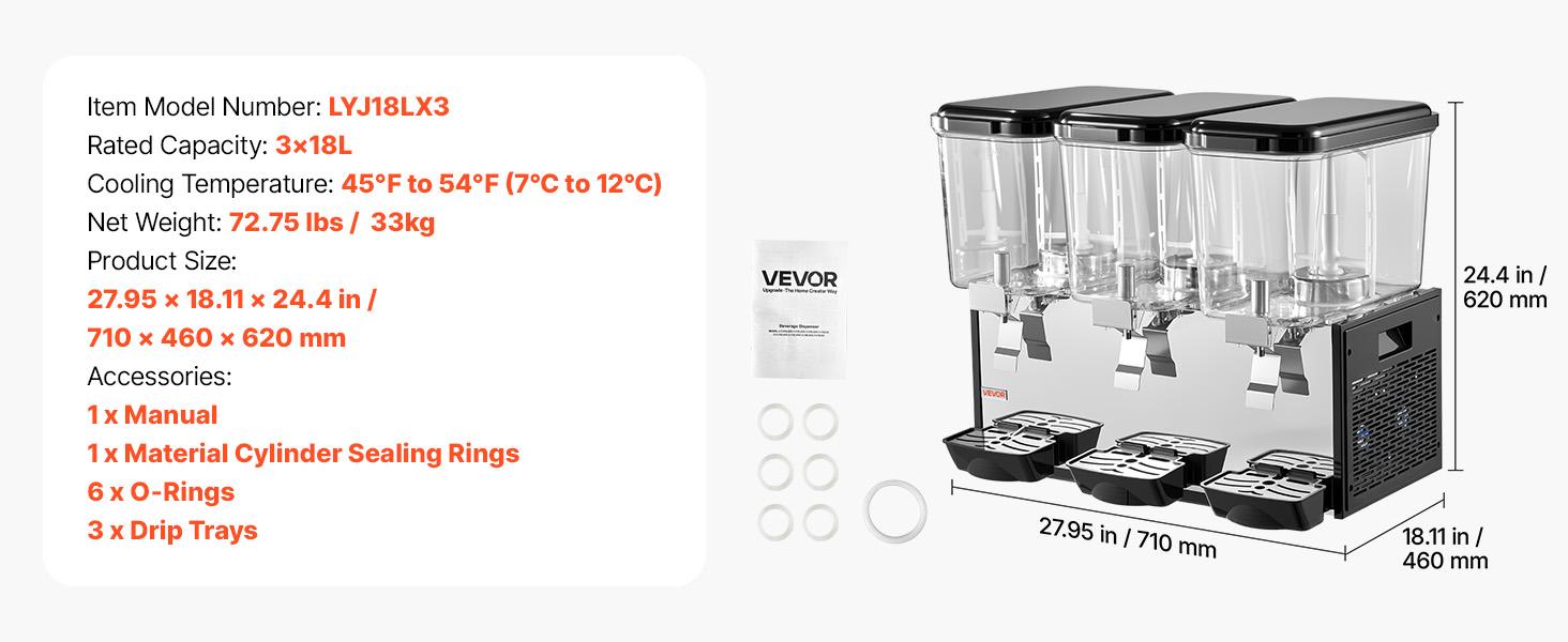 VEVOR Commercial Beverage Dispenser, 3-Tank Cooling Drink Machine with 18L/19QT Per Tank, Stainless Steel Build, 45℉-54℉ Temperature Control, Commercial Look for Restaurants, Three Tanks VEVOR Commercial Beverage Dispenser, 3-Tank Cooling Drink Machine with 18L/19QT Per Tank, Stainless Steel Build, 45℉-54℉ Temperature Control, Commercial Look for Restaurants, Three Tanks