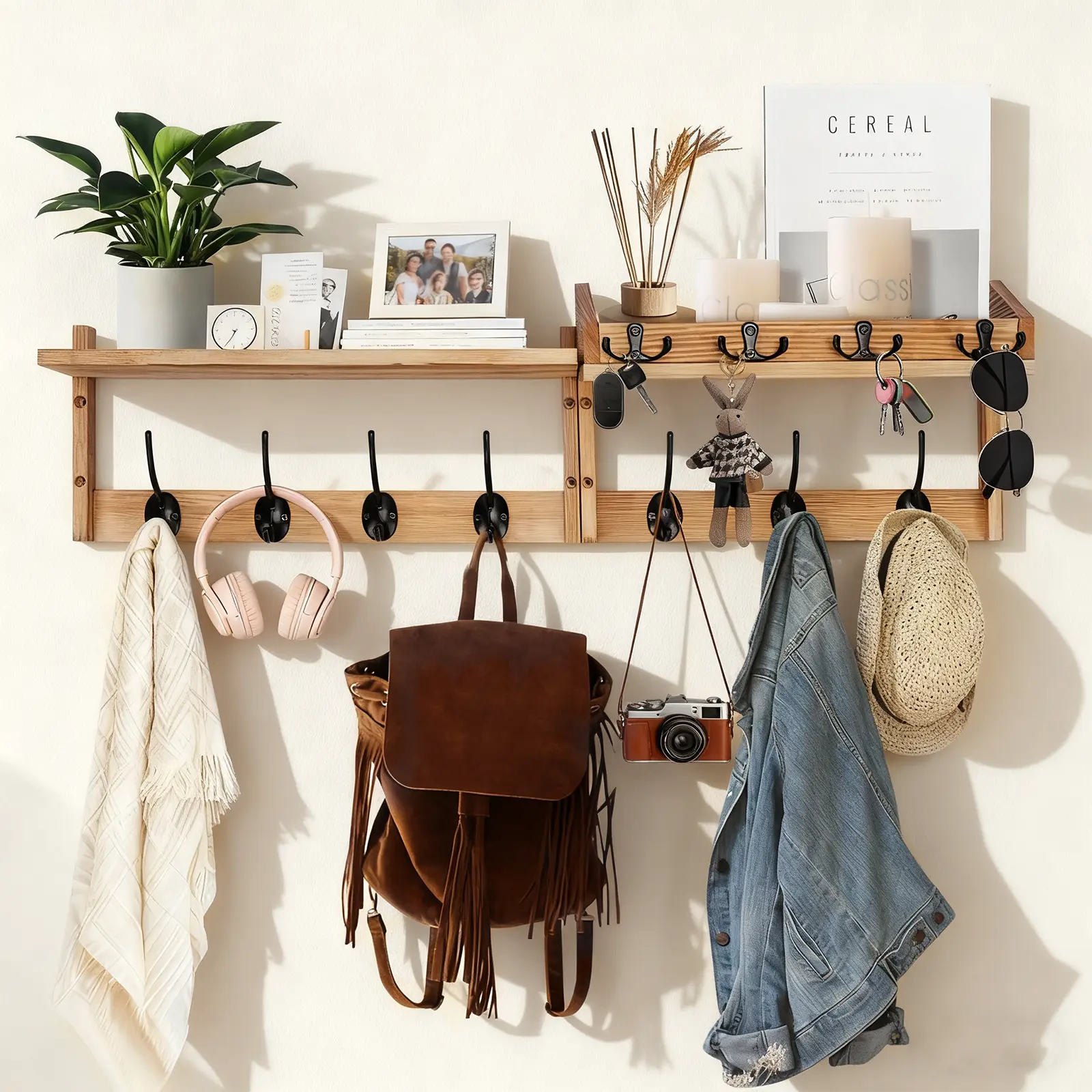 FASTWING Wall-Mounted Key & Mail Holder with Shelf, Large Hooks for Bags & Coats, Black/Wood Hallway Wall Coat Rack for Living Room & Kitchen