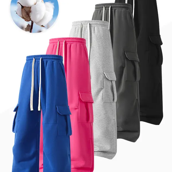 Men’s colorful cargo jogger sweatpants with multiple pockets, wide legs, elastic drawstring waist, loose fit, and a relaxed, drapey athletic workwear style.