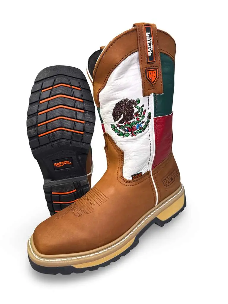 Raptor Botas Square Toe Footwear Shoe, Brown with Green and Red Accents, Knee Design, Comfortable Boot