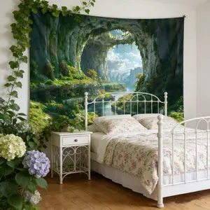 Nature Cave Landscape Tapestry - Aesthetic Grotto Wall Hanging for Living Room - HD Print Forest Art Backdrop - Lightweight Room Decor