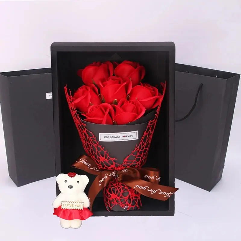1Pc Handmade Plastic Decorative Eternal Bouquet (7 Roses, 29x19x9 cm, ~200g/box) with Little Bear Gift Box, for Valentine's Day, Birthday, Mother's Day Party Gifts & Home Supplies, Eternal Bouquets, Decorative Faux Flower