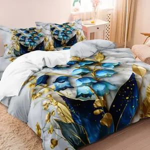 Nordic Style Ginkgo Leaf - 3pcs Marble Pattern Decorative Duvet Cover Set (1 Duvet Cover + 2 Pillowcases No Core) - Golden Blue Plant - For All Seasons Home & Dorm
