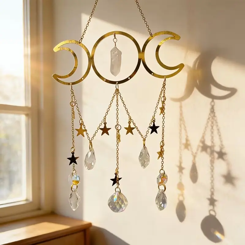 1pc Crystal Wind Chime with Dreamcatcher, Bohemian Style with Moon, Stars, and Crystal Stones, Celestial Decor, for Wedding/Window/Car Decoration - Durable Hanging Ornament