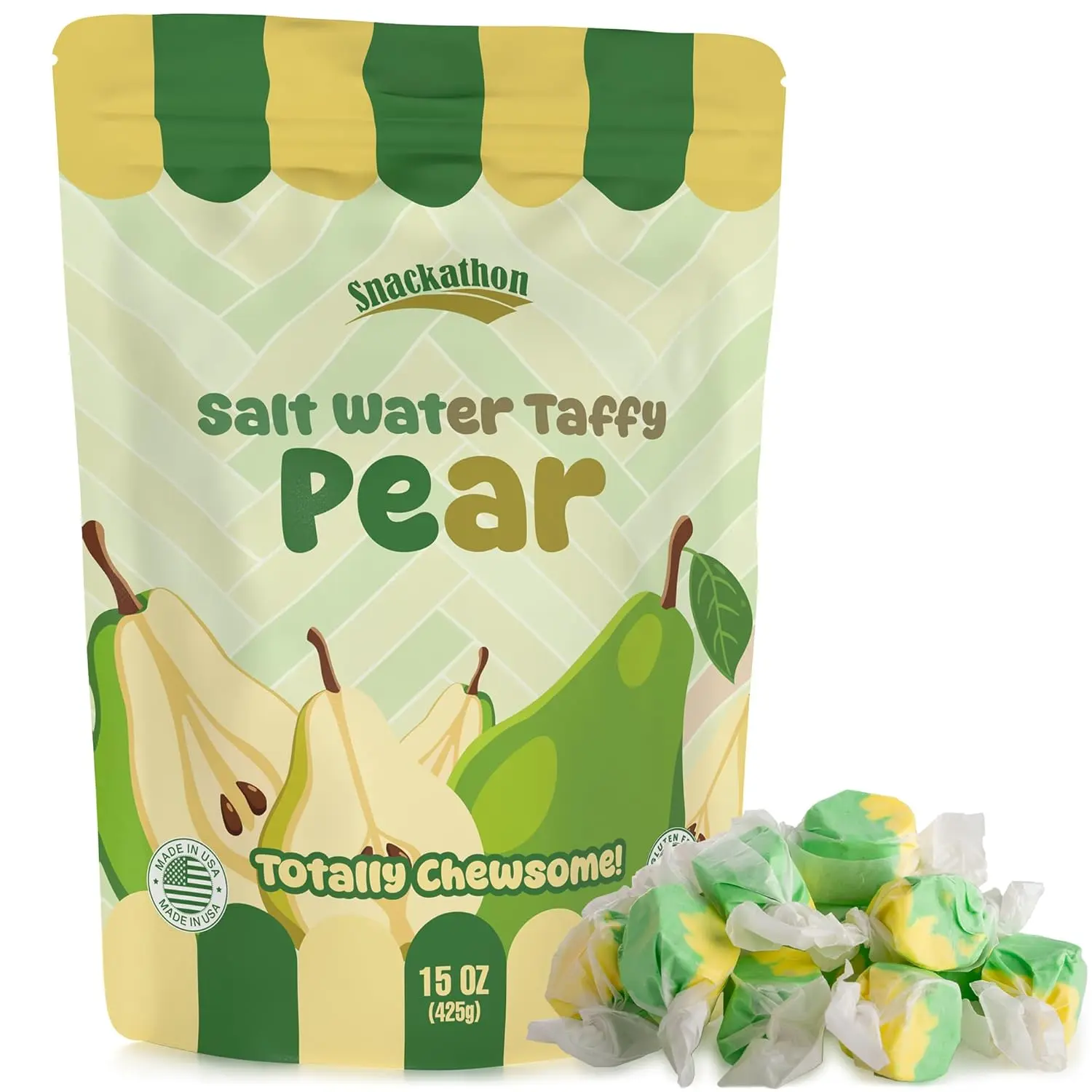 Snackathon Salt Water Taffy Single Flavor, Pear, Bulk Individually Wrapped Gourmet Candy, Soft & Chewy Sweet Treats, 15 oz Resealable Bag