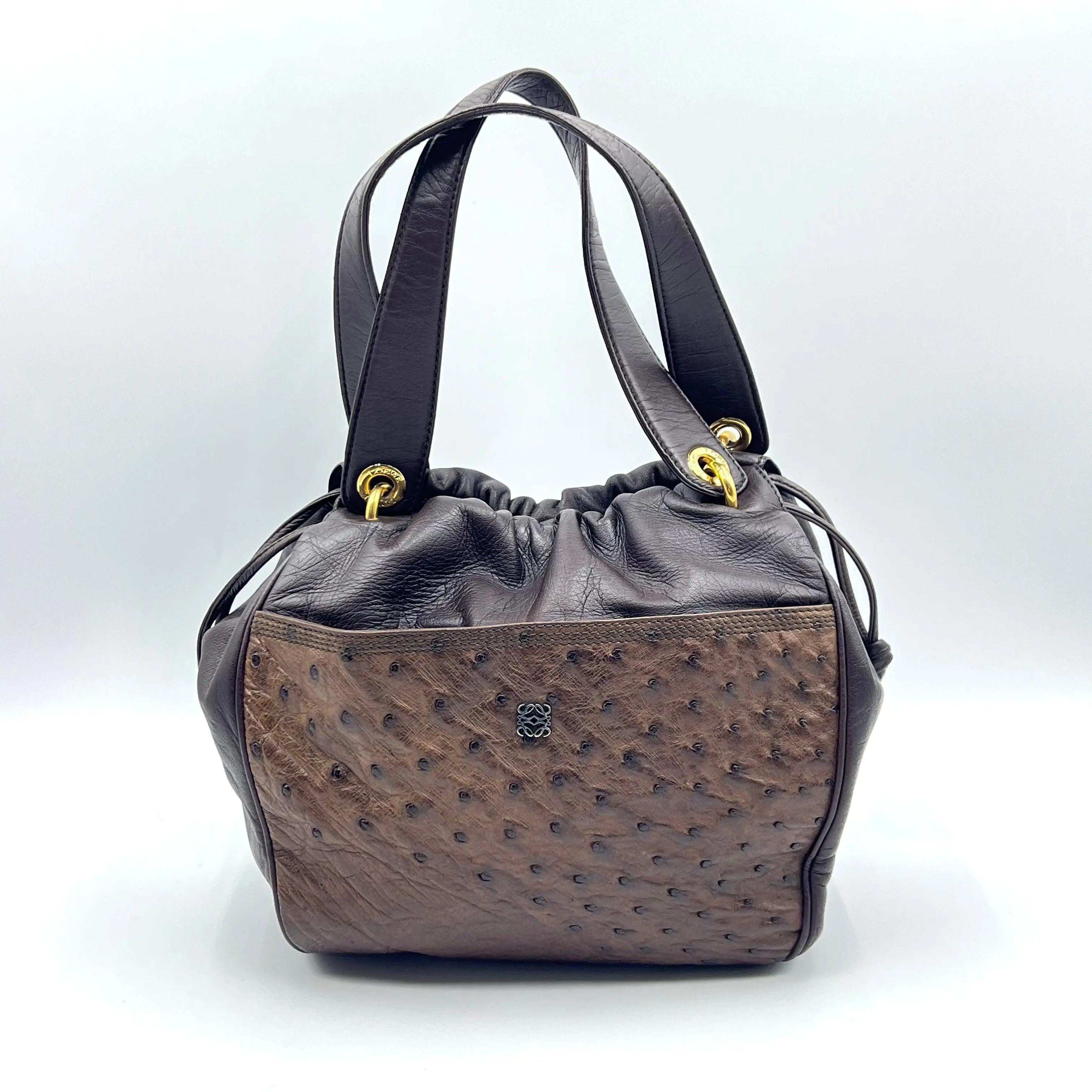 Pre-owned Loewe Leather tote bags Ostrich Embossed Medium Tote Bag Brown